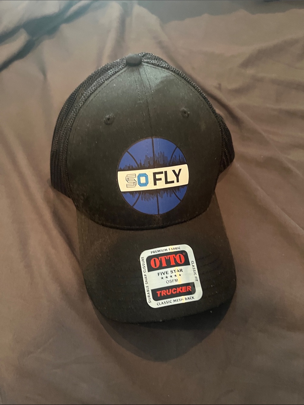 OTTO Black Trucker Hat with Blue SO FLY Logo